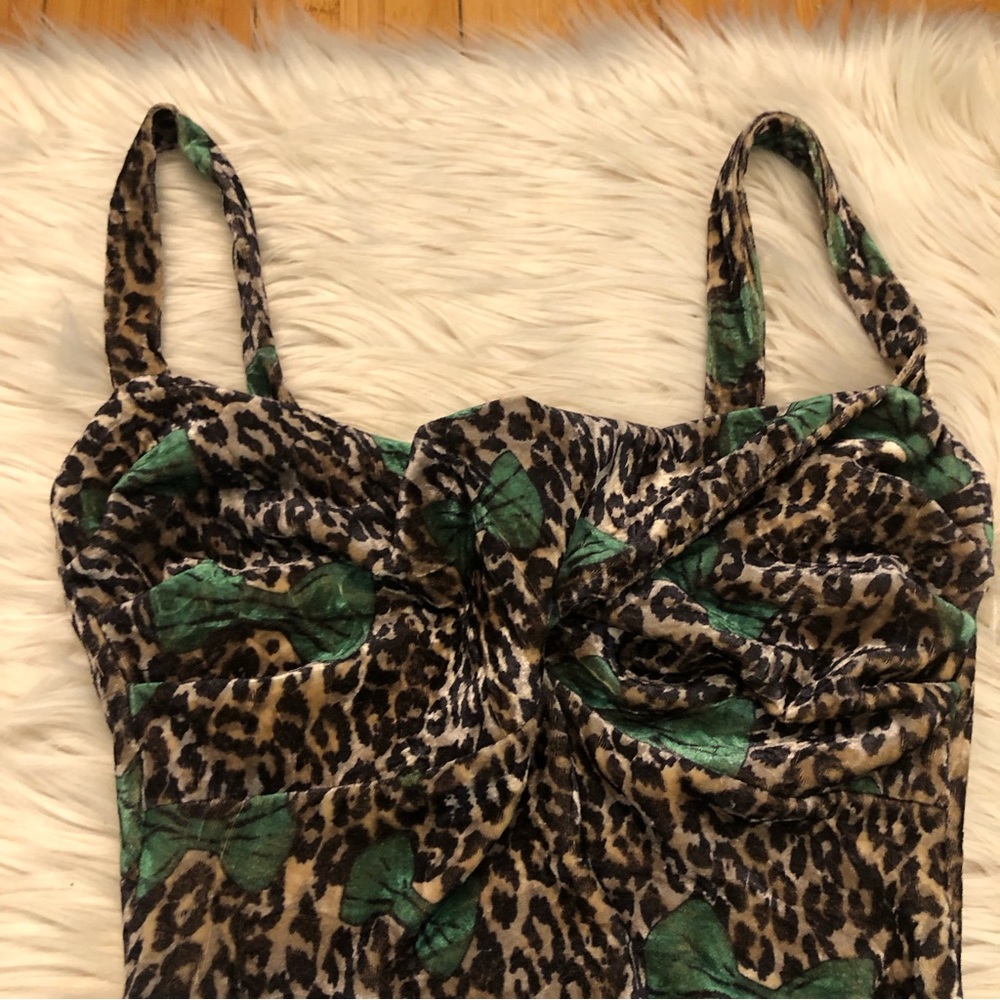 Tatyana Leopard Print Emerald Bow Velvet Bodycon Stretch Midi Dress size XS - Picture 5 of 11